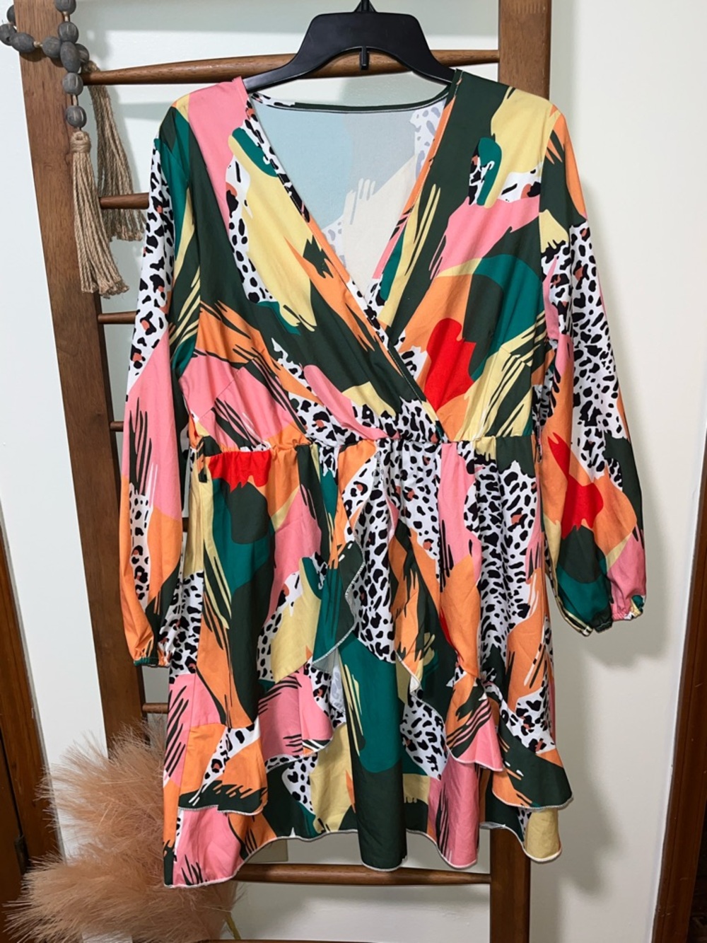 SHEIN Multicolor Abstract Print Long Sleeve Wrap Dress